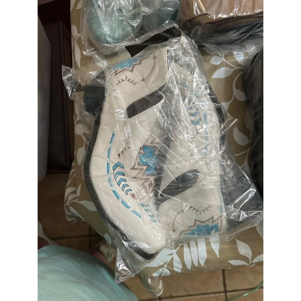 White Embroidered Western Ankle Bootie with Blue Accents